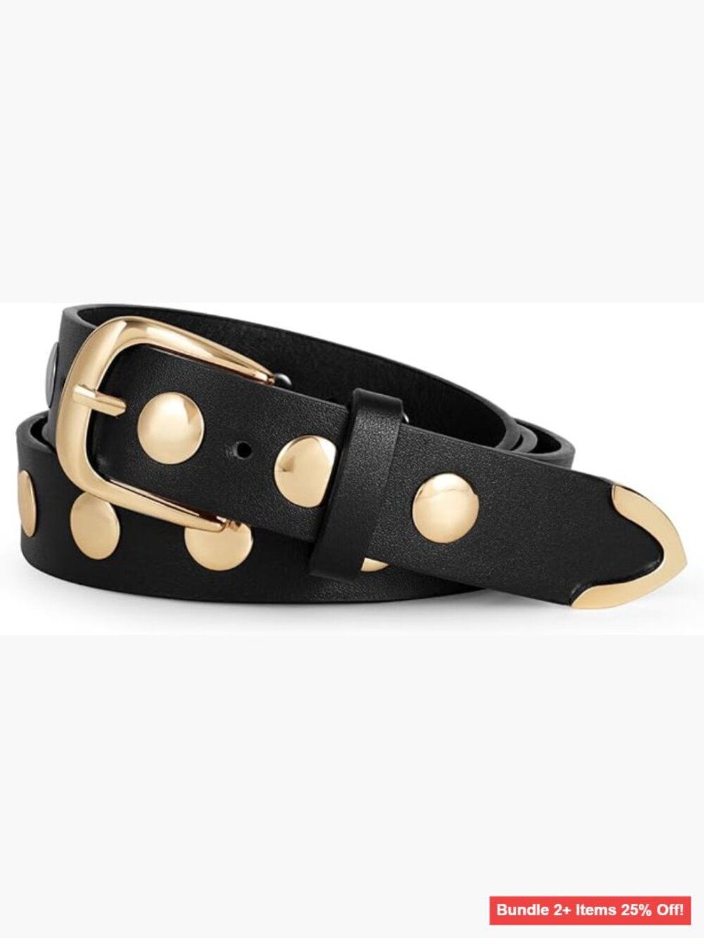 Adjustable Faux Leather Belt with Studs, Gold Buckle, 26-32 Inch Waist
